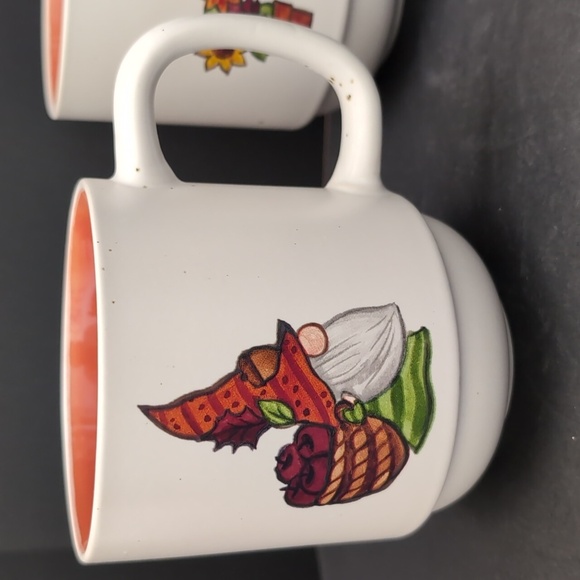 Sheffield Home Ceramic White/Orange Mug Set with Whimsical Gnome Designs. - Picture 2 of 9